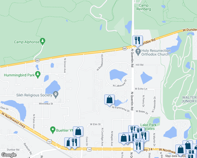 map of restaurants, bars, coffee shops, grocery stores, and more near 1255 North Knollwood Drive in Palatine