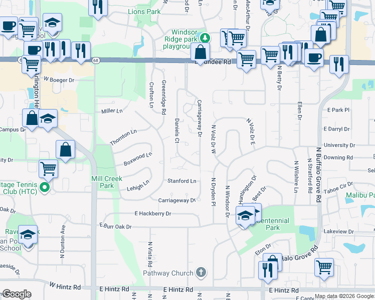 map of restaurants, bars, coffee shops, grocery stores, and more near 3181 Daniels Court in Arlington Heights