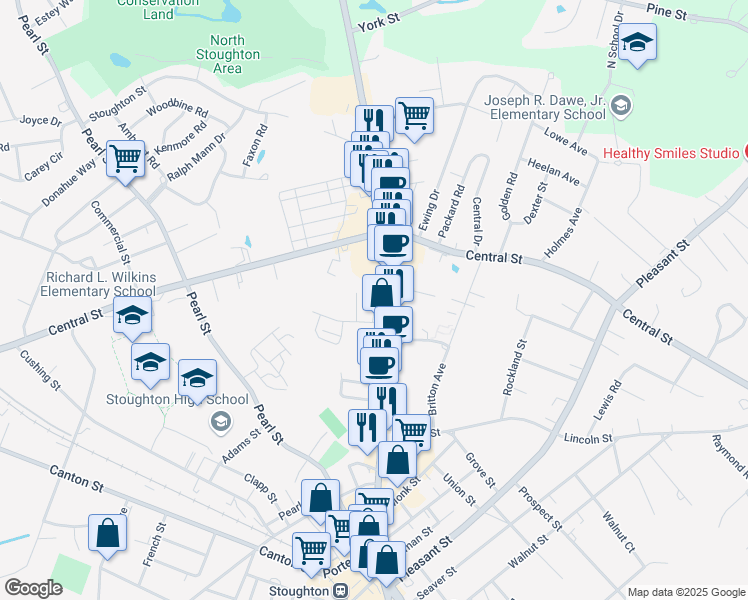 map of restaurants, bars, coffee shops, grocery stores, and more near 470 Washington Street in Stoughton