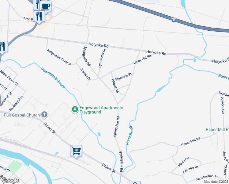 map of restaurants, bars, coffee shops, grocery stores, and more near 61 Aldrich Drive in Westfield
