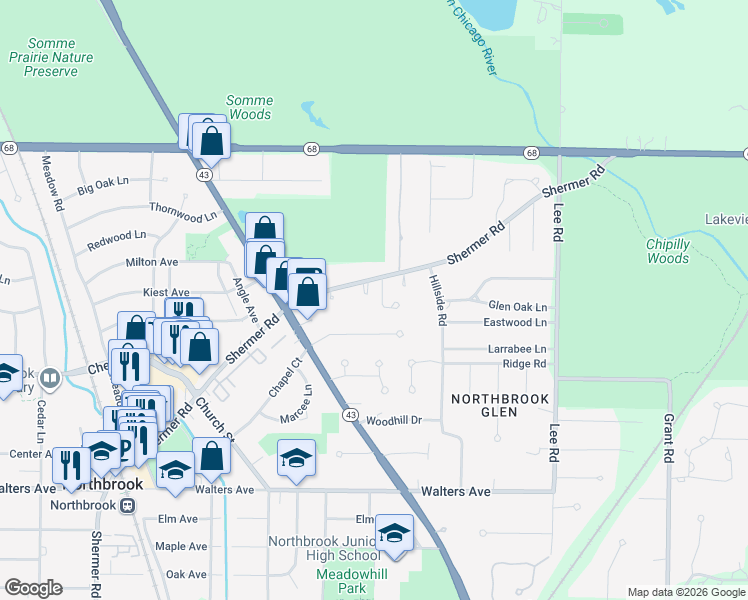 map of restaurants, bars, coffee shops, grocery stores, and more near 1032 Whitehall Dr in Northbrook
