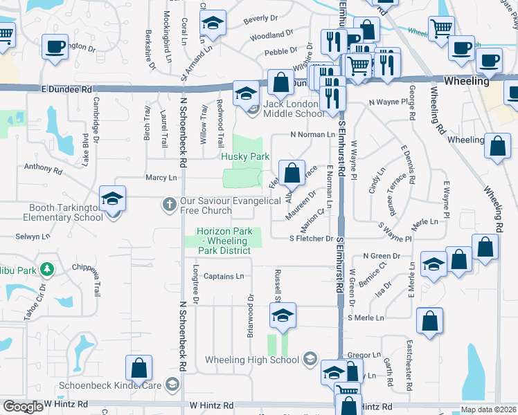 map of restaurants, bars, coffee shops, grocery stores, and more near 317 Thelma Court in Wheeling
