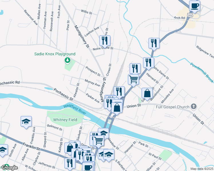 map of restaurants, bars, coffee shops, grocery stores, and more near 33 Montgomery Street in Westfield