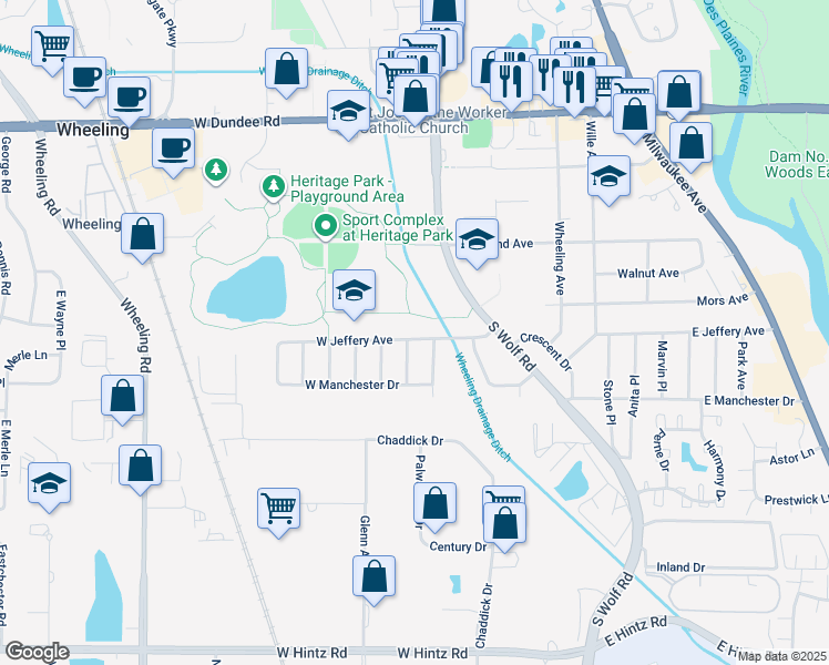 map of restaurants, bars, coffee shops, grocery stores, and more near 36 West Jeffery Avenue in Wheeling