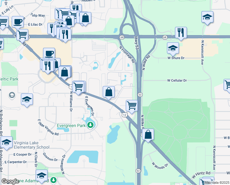 map of restaurants, bars, coffee shops, grocery stores, and more near 600 Bayside Drive in Palatine