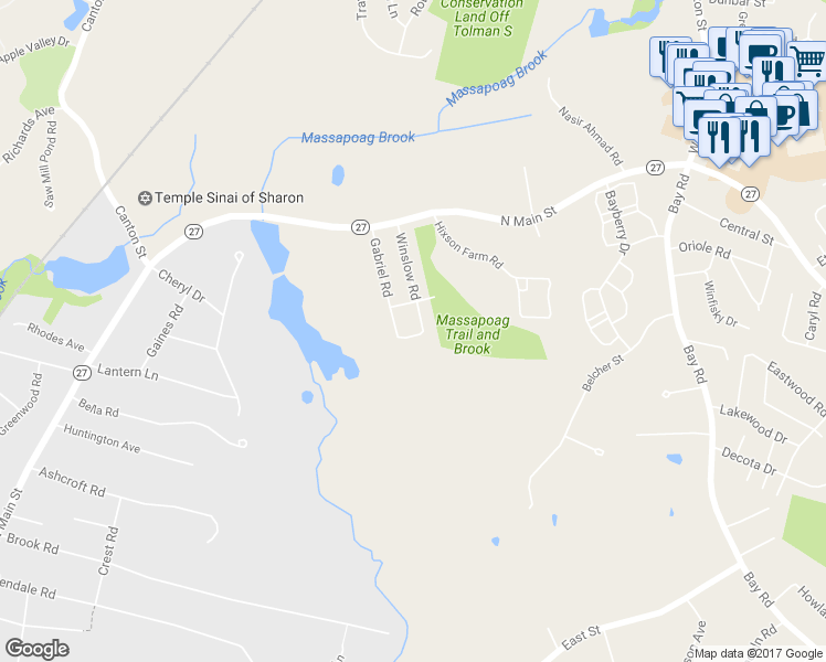 map of restaurants, bars, coffee shops, grocery stores, and more near 28 Gabriel Road in Sharon