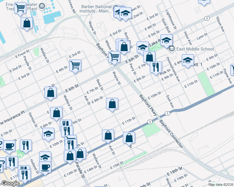 map of restaurants, bars, coffee shops, grocery stores, and more near 739 East 8th Street in Erie