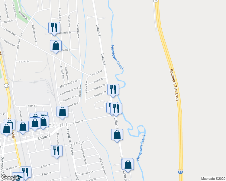 map of restaurants, bars, coffee shops, grocery stores, and more near 3028 Lake Road in Elmira