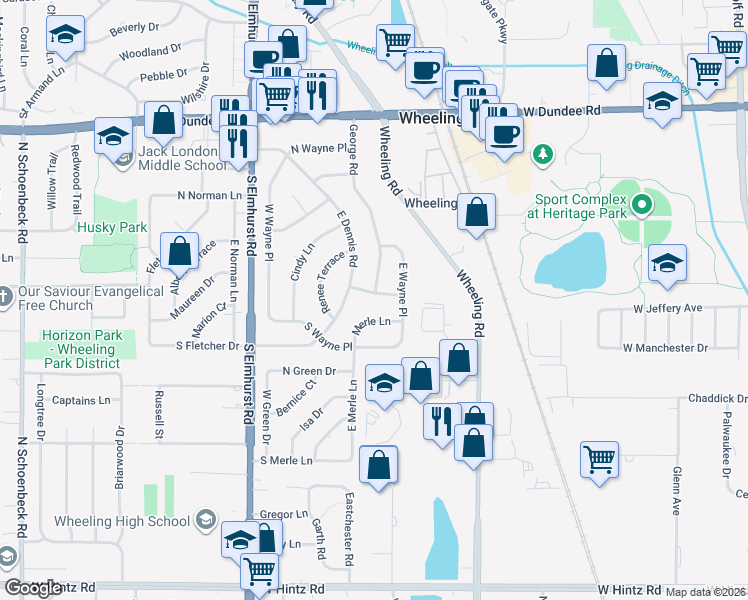 map of restaurants, bars, coffee shops, grocery stores, and more near 607 Bridget Place in Wheeling