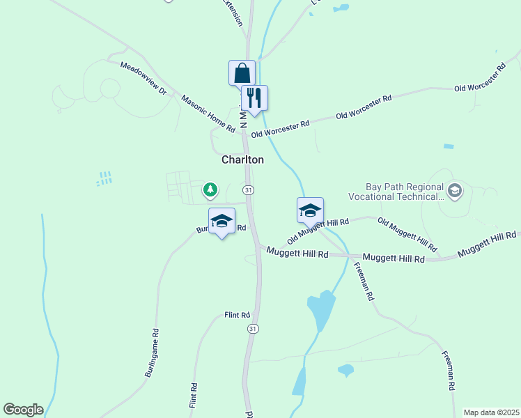 map of restaurants, bars, coffee shops, grocery stores, and more near 45 North Main Street in Charlton