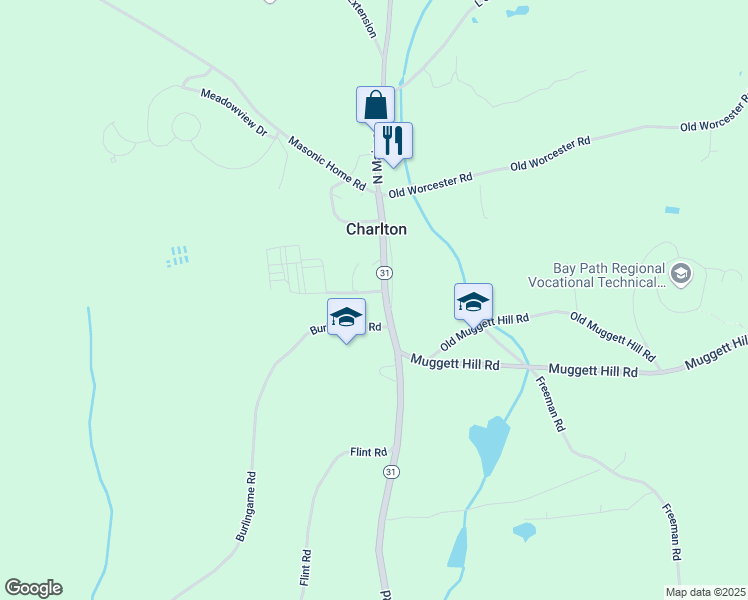 map of restaurants, bars, coffee shops, grocery stores, and more near 46 Massachusetts 31 in Charlton