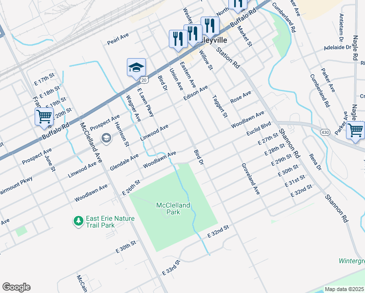 map of restaurants, bars, coffee shops, grocery stores, and more near 2624 Woodlawn Avenue in Erie