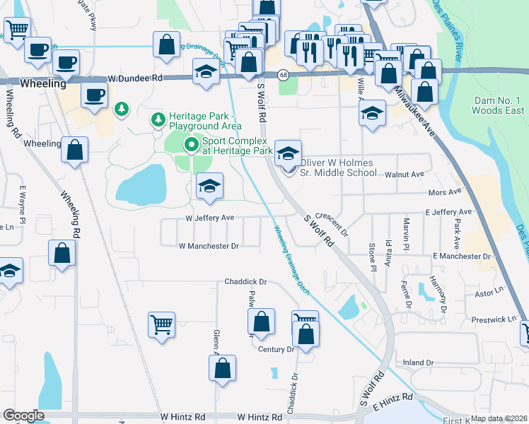 map of restaurants, bars, coffee shops, grocery stores, and more near 34 East Jeffery Avenue in Wheeling