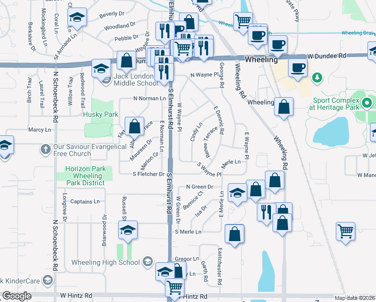 map of restaurants, bars, coffee shops, grocery stores, and more near 287 Cindy Lane in Wheeling
