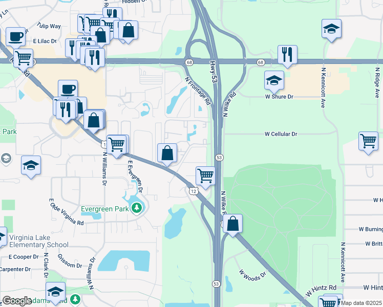 map of restaurants, bars, coffee shops, grocery stores, and more near 1218 East Long Valley Drive in Palatine