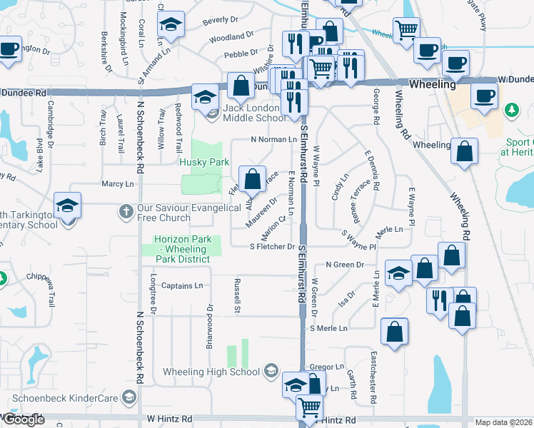 map of restaurants, bars, coffee shops, grocery stores, and more near 315 Maureen Drive in Wheeling
