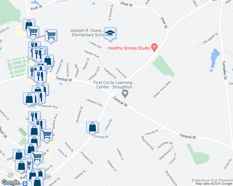 map of restaurants, bars, coffee shops, grocery stores, and more near 449 Pleasant Street in Stoughton