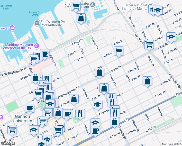 map of restaurants, bars, coffee shops, grocery stores, and more near 502 Parade Street in Erie