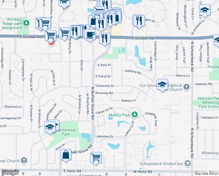 map of restaurants, bars, coffee shops, grocery stores, and more near 107 University Dr in Buffalo Grove