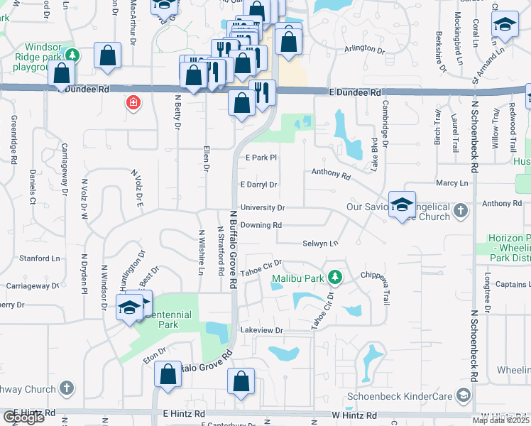 map of restaurants, bars, coffee shops, grocery stores, and more near 107 University Drive in Buffalo Grove