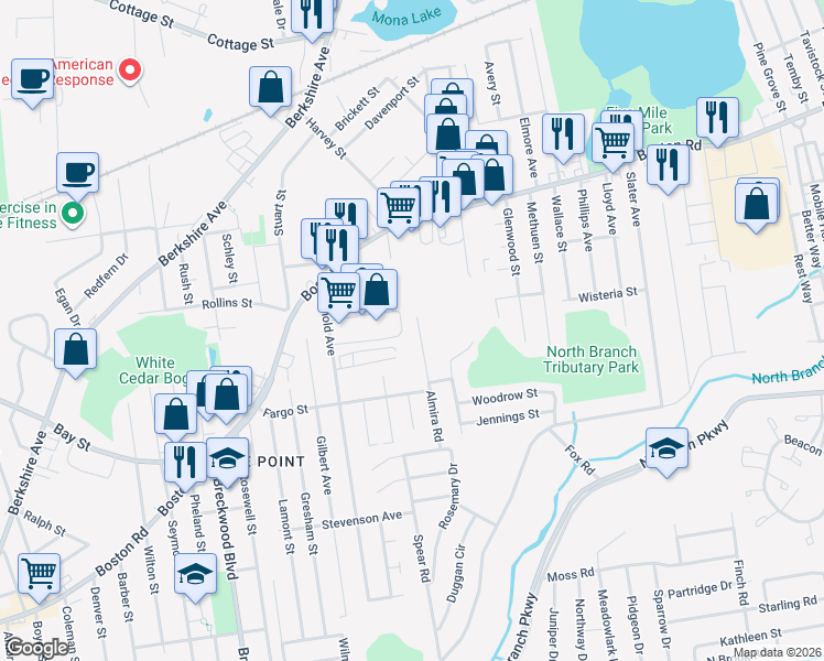 map of restaurants, bars, coffee shops, grocery stores, and more near 110-112 Almira Road in Springfield