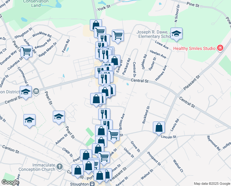 map of restaurants, bars, coffee shops, grocery stores, and more near 38 Phillips Avenue in Stoughton