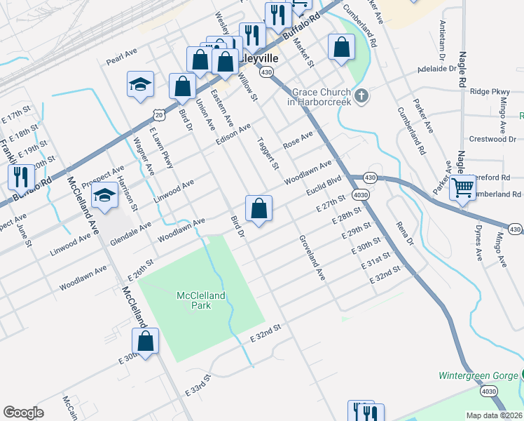 map of restaurants, bars, coffee shops, grocery stores, and more near 2740 Euclid Boulevard in Erie