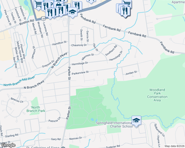 map of restaurants, bars, coffee shops, grocery stores, and more near 105 Parkerview St in Springfield