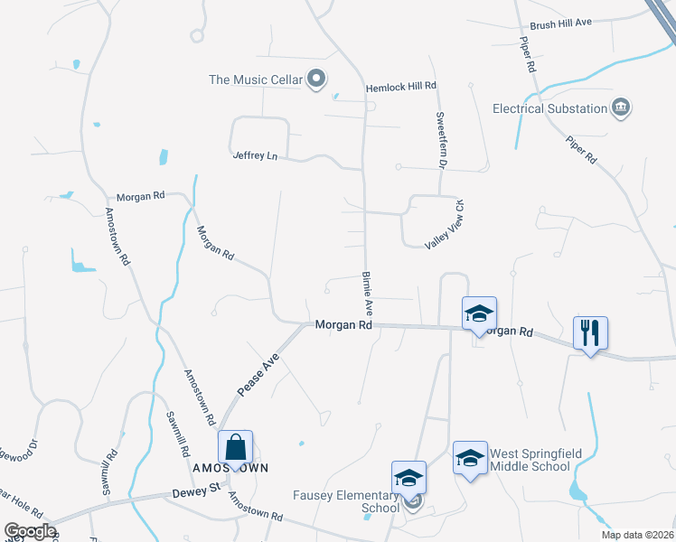map of restaurants, bars, coffee shops, grocery stores, and more near 32 Carriage Lane in West Springfield