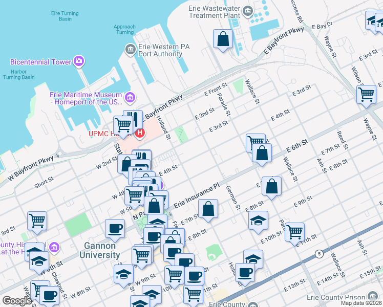 map of restaurants, bars, coffee shops, grocery stores, and more near 226 30 E 4 St in Erie
