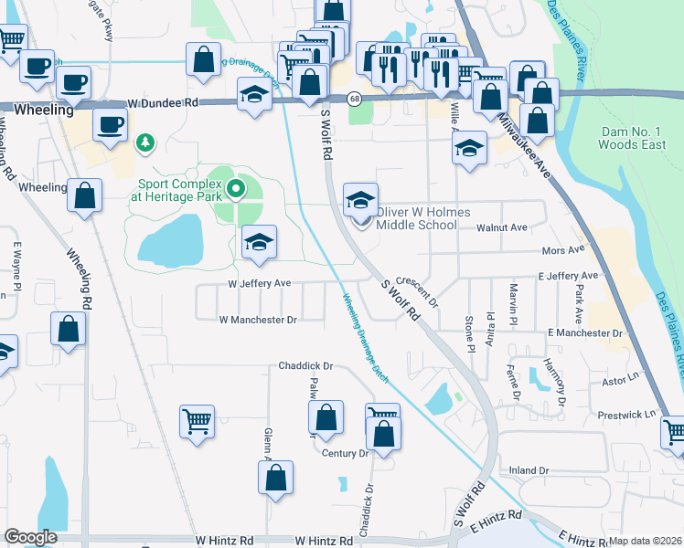 map of restaurants, bars, coffee shops, grocery stores, and more near 34 East Jeffery Avenue in Wheeling