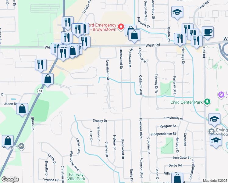 map of restaurants, bars, coffee shops, grocery stores, and more near 23347 Stoflet Lane in Brownstown Charter Township