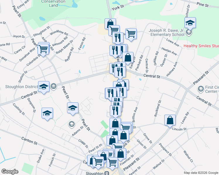 map of restaurants, bars, coffee shops, grocery stores, and more near 30 Welch Avenue in Stoughton