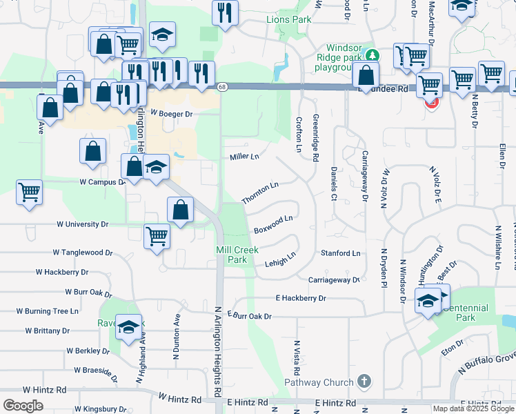 map of restaurants, bars, coffee shops, grocery stores, and more near 890 Boxwood Lane in Buffalo Grove