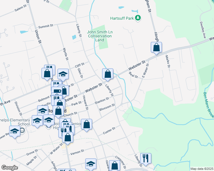 map of restaurants, bars, coffee shops, grocery stores, and more near 355 Liberty Street in Rockland