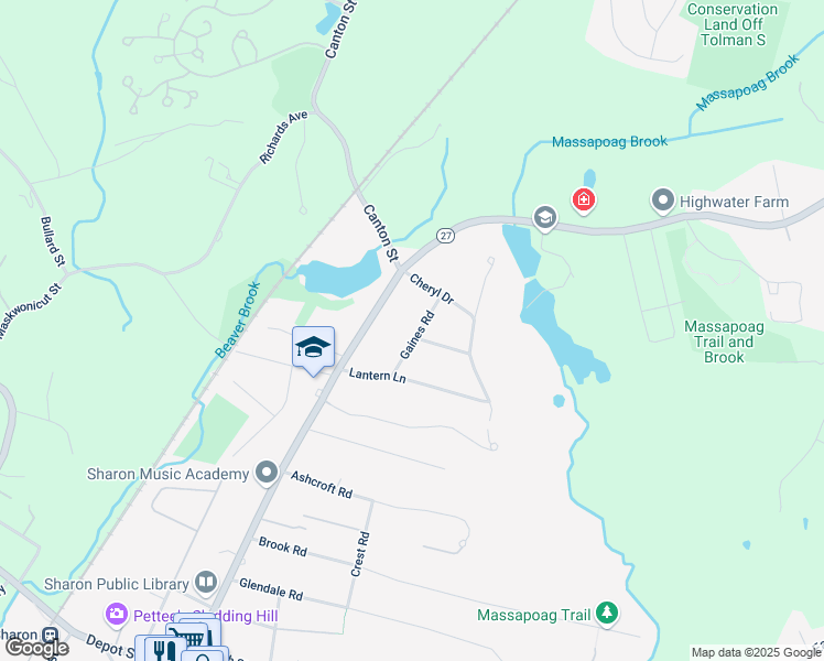 map of restaurants, bars, coffee shops, grocery stores, and more near 20 Gaines Road in Sharon