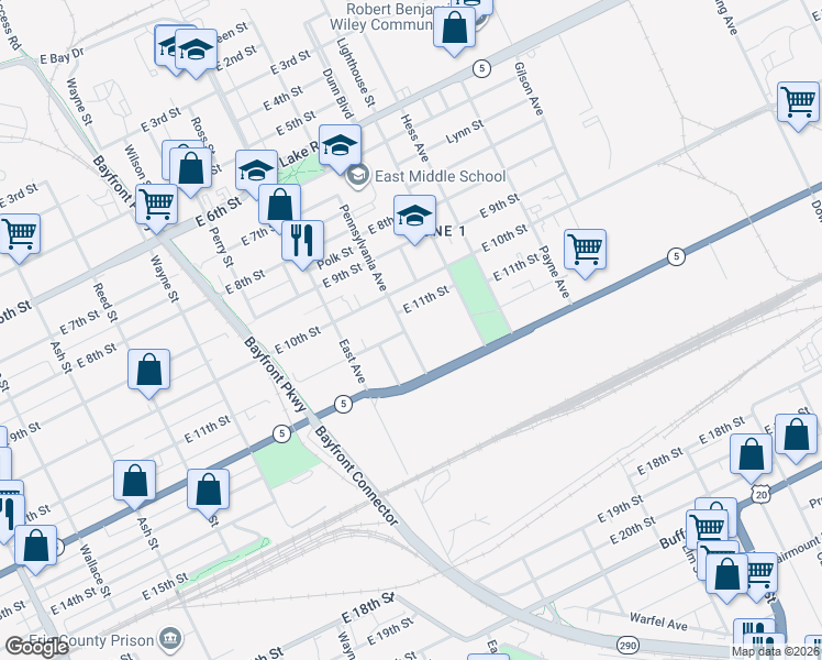 map of restaurants, bars, coffee shops, grocery stores, and more near 1052 East 11th Street in Erie