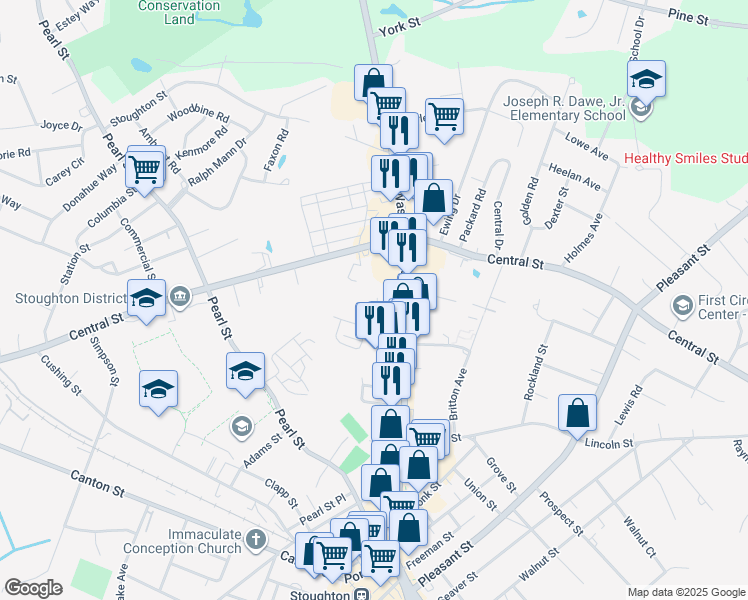map of restaurants, bars, coffee shops, grocery stores, and more near 30 Welch Avenue in Stoughton