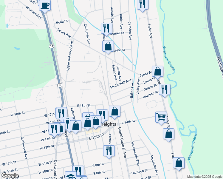 map of restaurants, bars, coffee shops, grocery stores, and more near 1824 Grand Central Ave in Elmira Heights