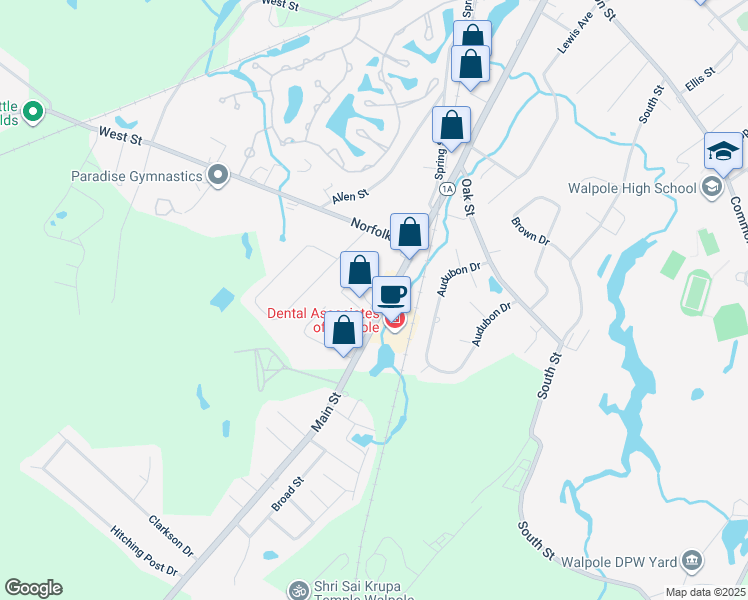 map of restaurants, bars, coffee shops, grocery stores, and more near 1363 Main Street in Walpole