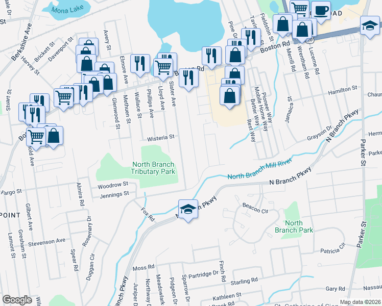map of restaurants, bars, coffee shops, grocery stores, and more near 186 Wollaston Street in Springfield