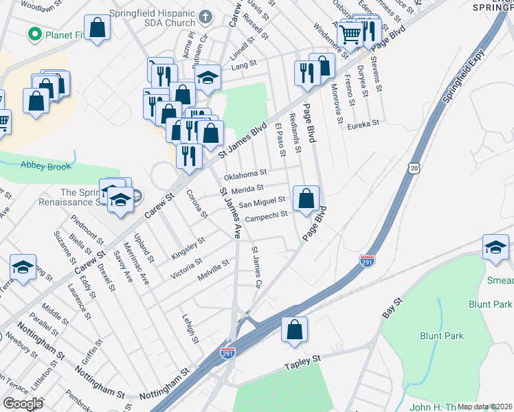 map of restaurants, bars, coffee shops, grocery stores, and more near 85 San Miguel Street in Springfield