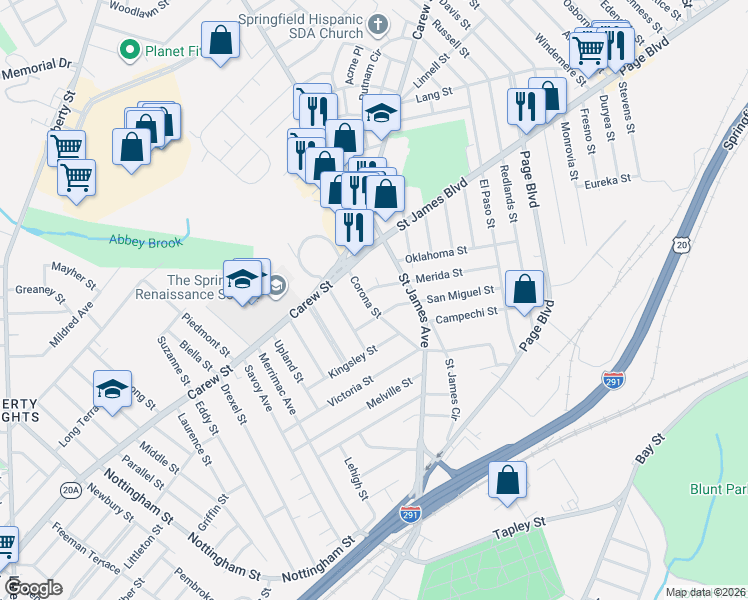 map of restaurants, bars, coffee shops, grocery stores, and more near 10 San Miguel Street in Springfield
