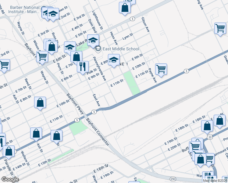 map of restaurants, bars, coffee shops, grocery stores, and more near 1109 Pennsylvania Ave in Erie