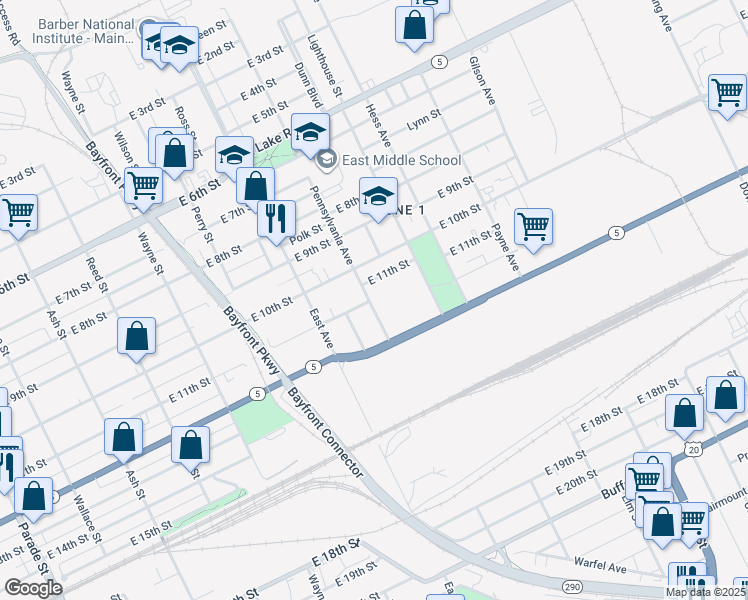 map of restaurants, bars, coffee shops, grocery stores, and more near 1052 East 11th Street in Erie