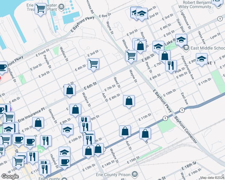 map of restaurants, bars, coffee shops, grocery stores, and more near 637 East 7th Street in Erie