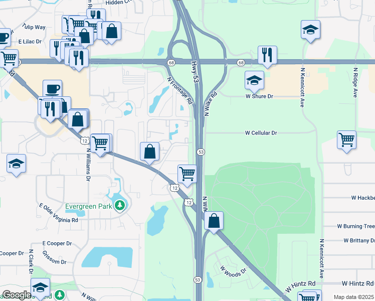map of restaurants, bars, coffee shops, grocery stores, and more near 1218 East Long Valley Drive in Palatine