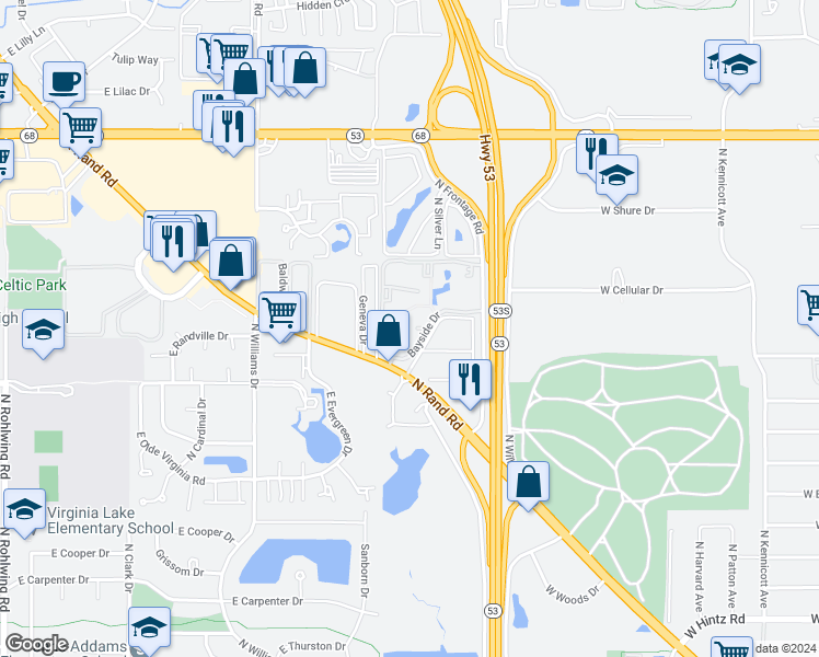 map of restaurants, bars, coffee shops, grocery stores, and more near 600 Bayside Drive in Palatine