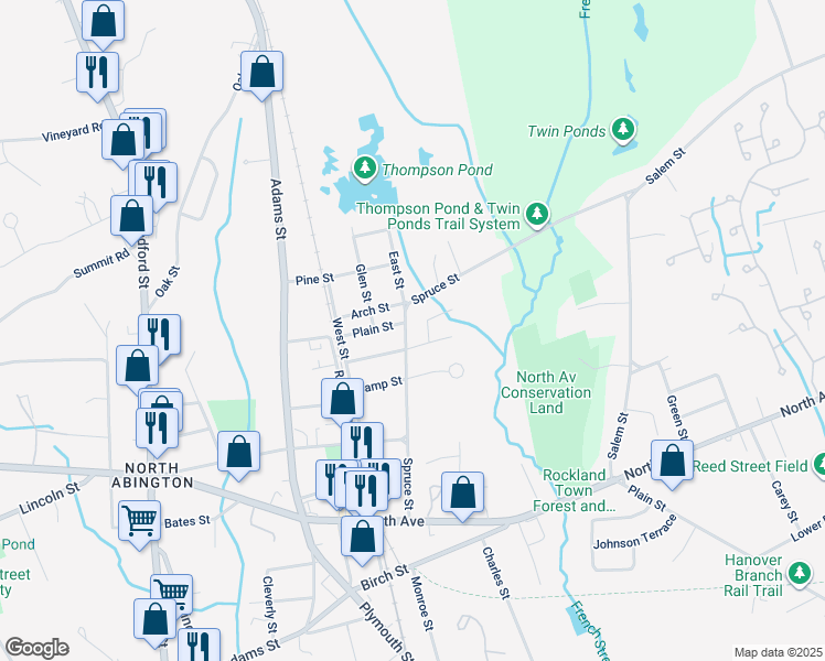 map of restaurants, bars, coffee shops, grocery stores, and more near 199 Spruce Street in Abington