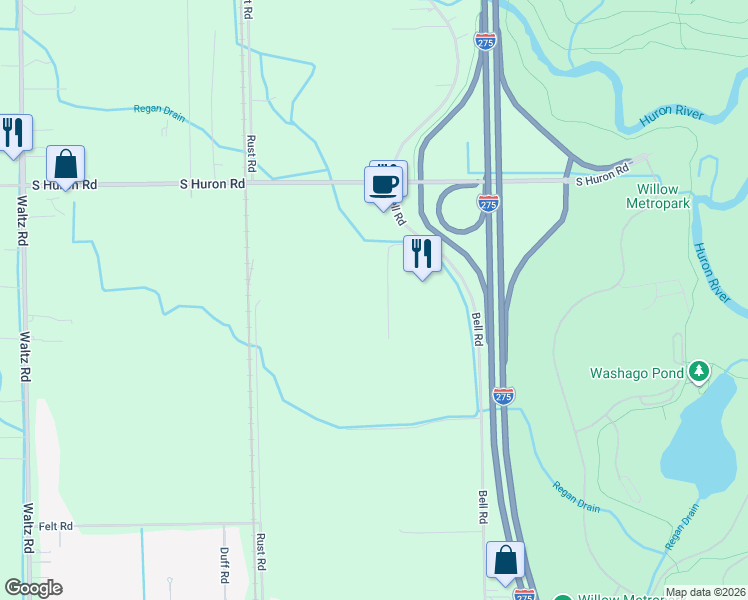 map of restaurants, bars, coffee shops, grocery stores, and more near 23400 Bell Road in Huron Charter Township